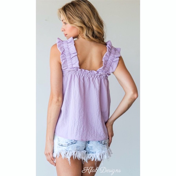 ❤️LAST ONE! Lavender Ruffled Elastic Shoulder Cotton Spring Top! - Picture 4 of 5